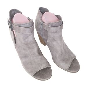 Fergalicious Faux Suede Peep-Toe Booties Size 10 Taupe Buckle Zipper.